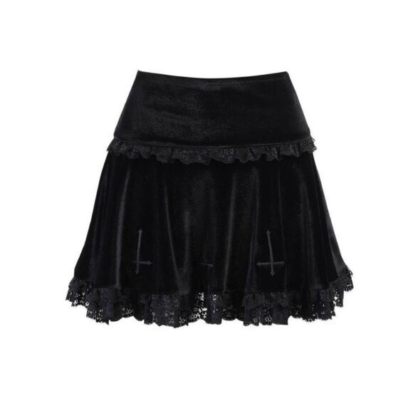 Whimsigoth Fairy Black Cross Detail Velvet Lace Skirt Goth Size Small - Picture 1 of 8